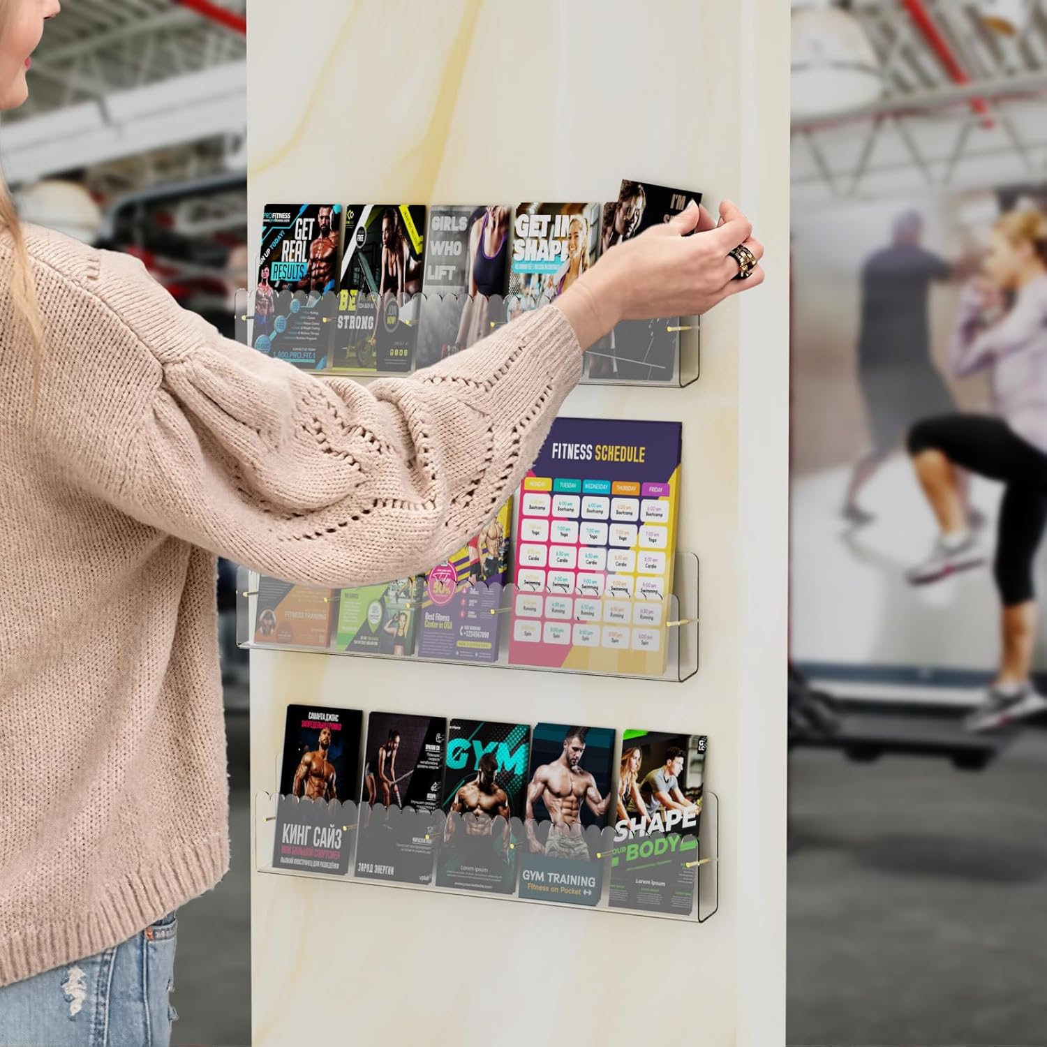 Brochure Holder Wall Mount, 2 Pack Acrylic Modular Flyer with Adjustable Magnetic Golden Bolt, Wavy Lace Pamphlet Display Stand for Organizer Trifold Flyer, Document, Leaflet, 5 Slots