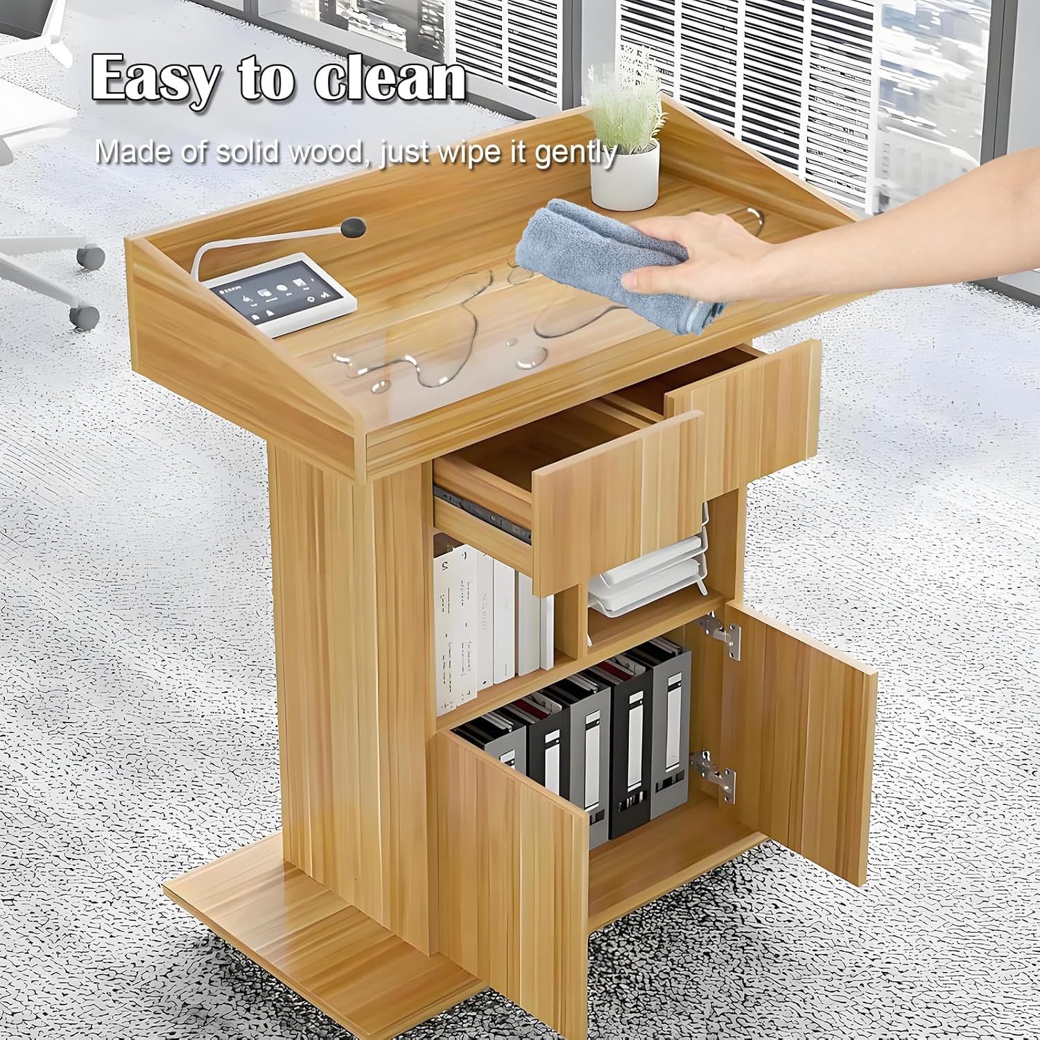 Solid Wooden Podium Stand Podiums for Classroom Lectern Podium Stand Wood Church Pulpit with 3 Levels of Storage and Heightened Baffles (Wood Color, 31.5in)