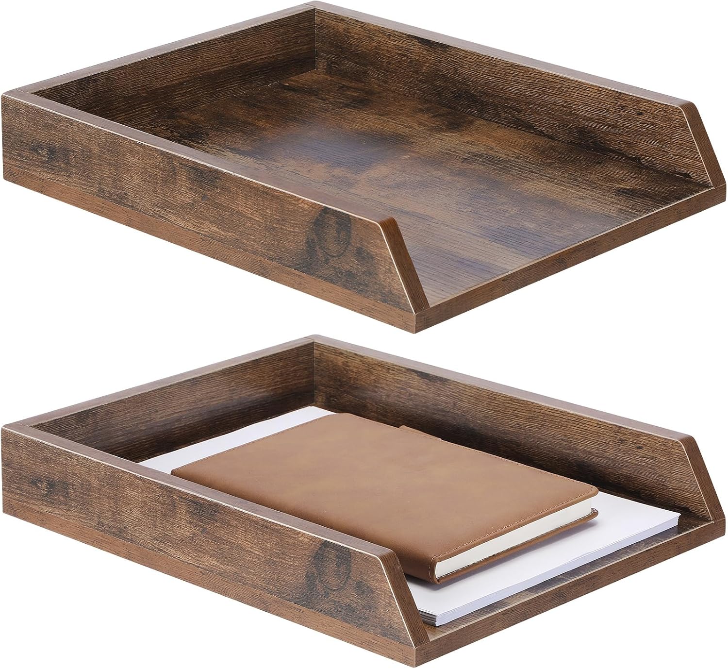 2 Pcs Wooden Letter Trays Wood Letter-Size Desk Organizer Heavy Duty 2 Tier Stackable Supports Paper Tray Desktop Drawer Organizer File Folder Magazine Office Accessories (Dark Wood)