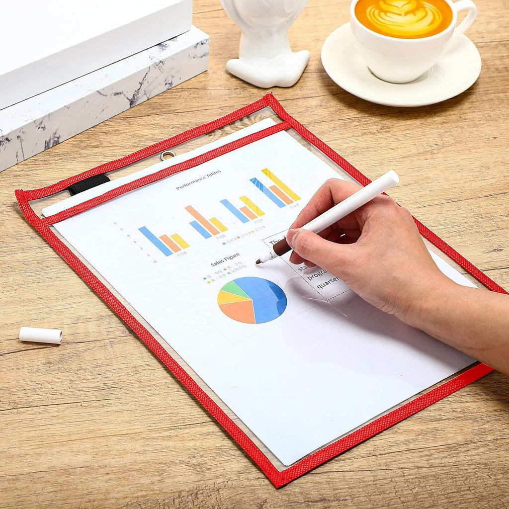 Nezyo Dry Erase Pockets Plastic Job Ticket Holders Shop Holder Order Pockets Clear Sleeves Tickets Folders Plastic Sleeves Paper Teacher Supplies for Classroom(12 x 9.5 in,Red,50 Pcs)