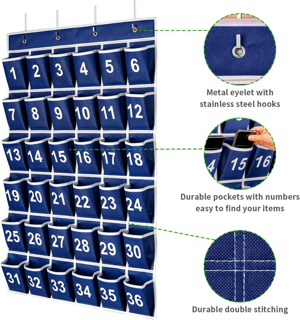 36 Pockets Blue Numbered Classroom Pocket Chart for Cell Phones, Hanging Pocket Chart Storage for Classroom Phone Calculator Holder with 4 Stainless Steel Hooks (Blue-36pockets)