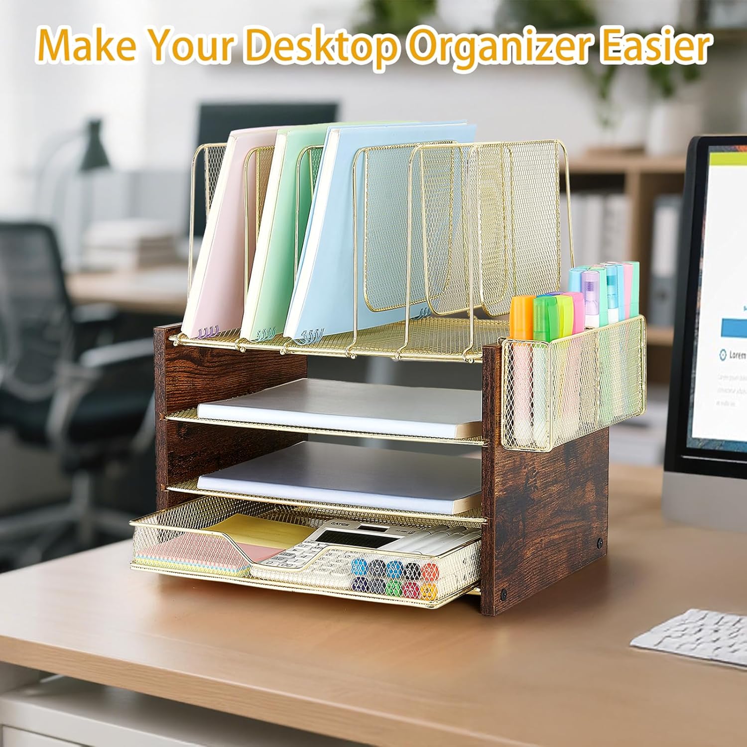 Gold Desk Organizers and Accessories,4-Tier Desktop File Organizer with Drawer, Wood Paper Organizer with 5 Vertical File Holders and Pen Holder for Office Supplies