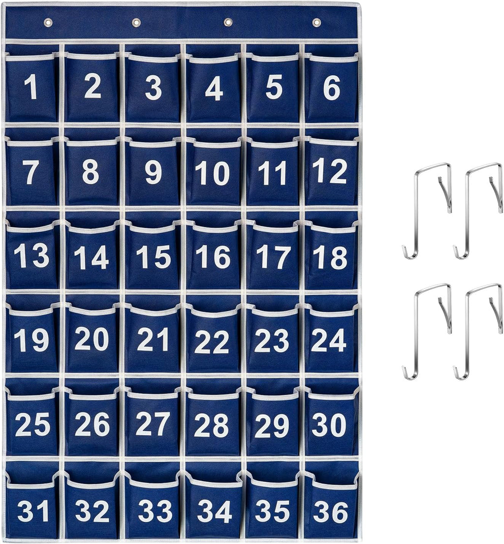 36 Pockets Blue Numbered Classroom Pocket Chart for Cell Phones, Hanging Pocket Chart Storage for Classroom Phone Calculator Holder with 4 Stainless Steel Hooks (Blue-36pockets)