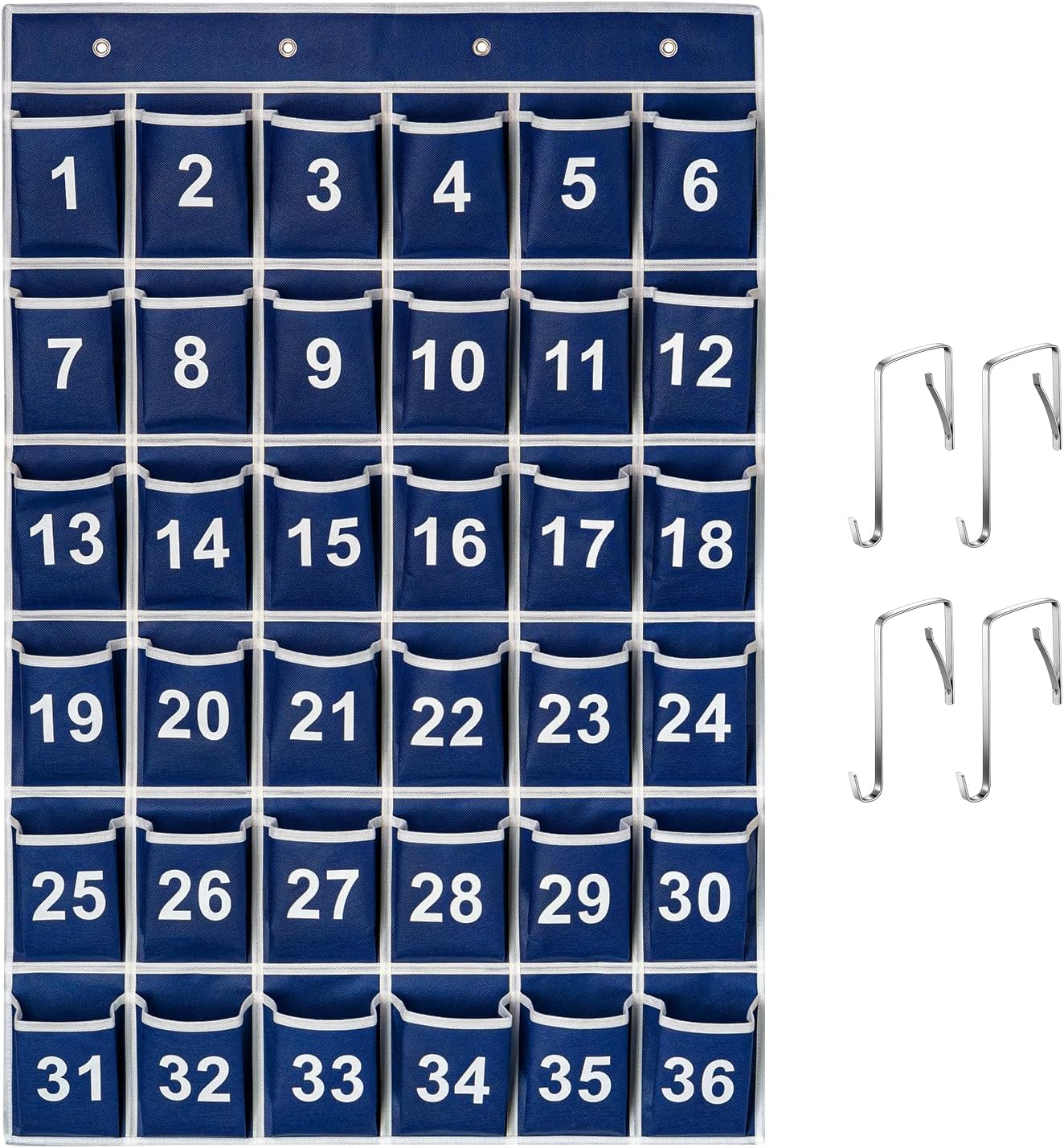 36 Pockets Blue Numbered Classroom Pocket Chart for Cell Phones, Hanging Pocket Chart Storage for Classroom Phone Calculator Holder with 4 Stainless Steel Hooks (Blue-36pockets)