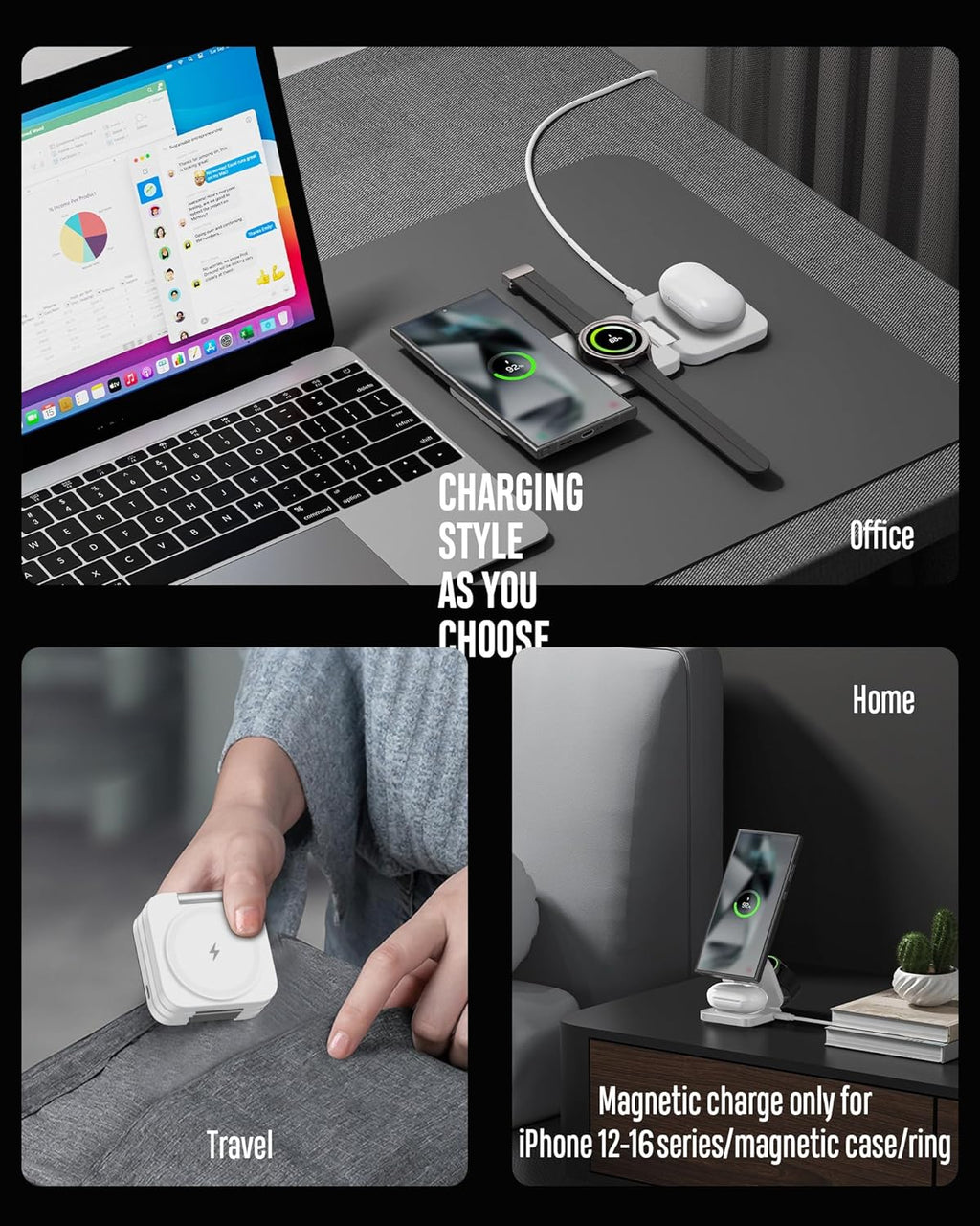 Foldable 3 in 1 Wireless Charging Station for Samsung, KU XIU X55 Ultra Magnetic Travel Charger Stand for Galaxy S24 Ultra S23 S22 Note 20 Z Fold Flip 6 5, Galaxy Watch Ultra 7 6 5, Galaxy Buds, White