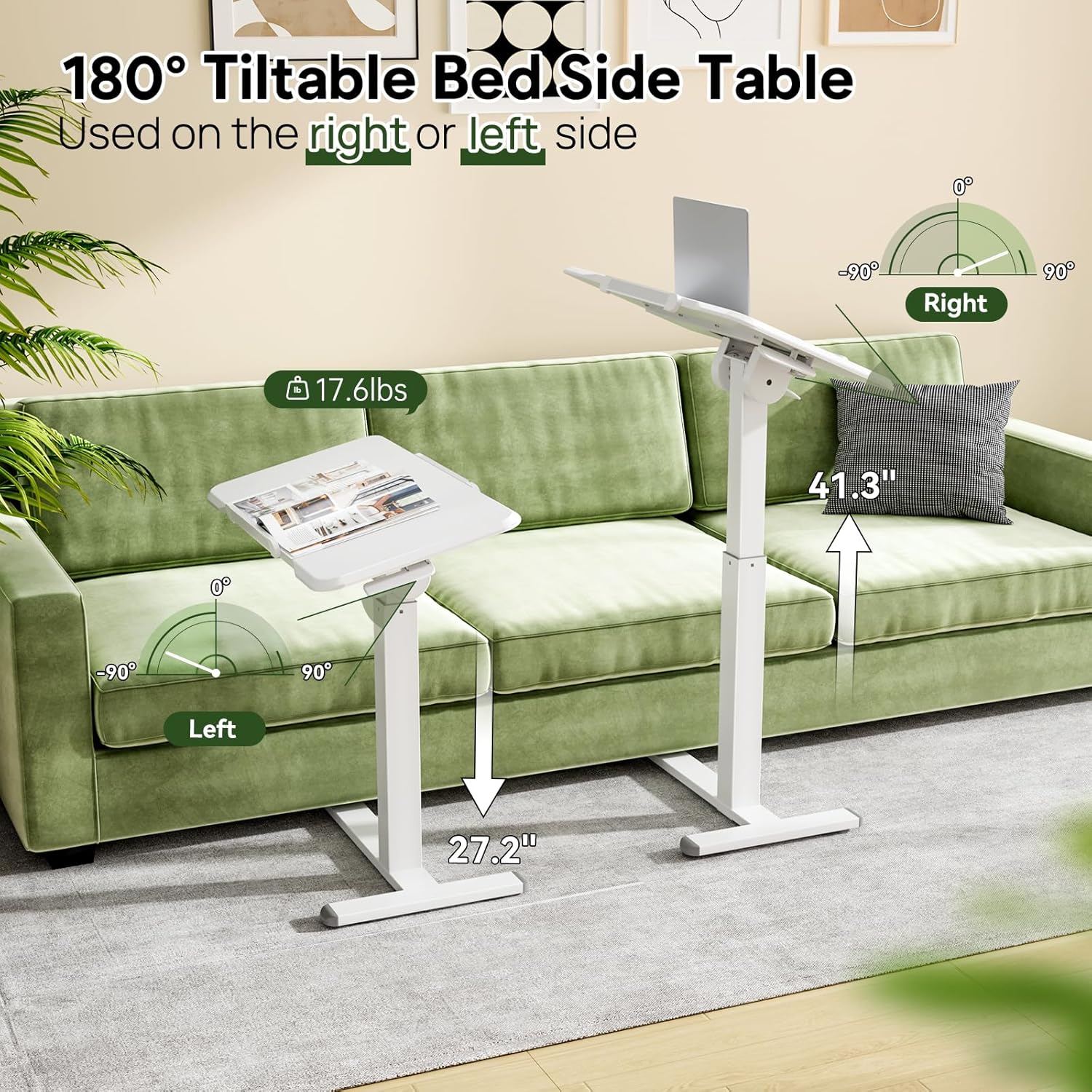 Rolling Laptop Desk, 180° Tiltable Mobile Standing Desk Height Adjustable, Overbed Bedside Table, Portable Computer Desk with Wheels, Foldable Laptop Cart for Home Office, White