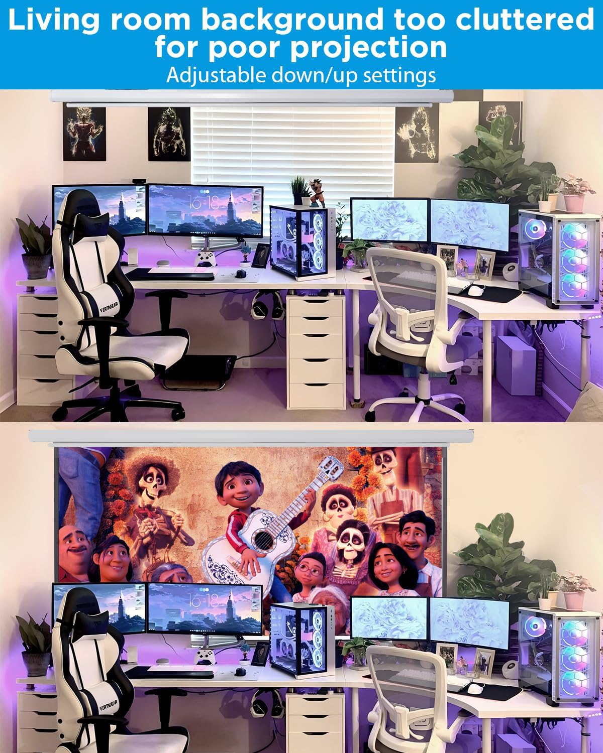 Projector Screen Pull Down 120 Inch Automatic Projector Screen with Remote Control and Ceiling Mount Hooks, Electric Motorized Projection Screen Retractable White Movie Screen 4:3 Outdoor Indoor