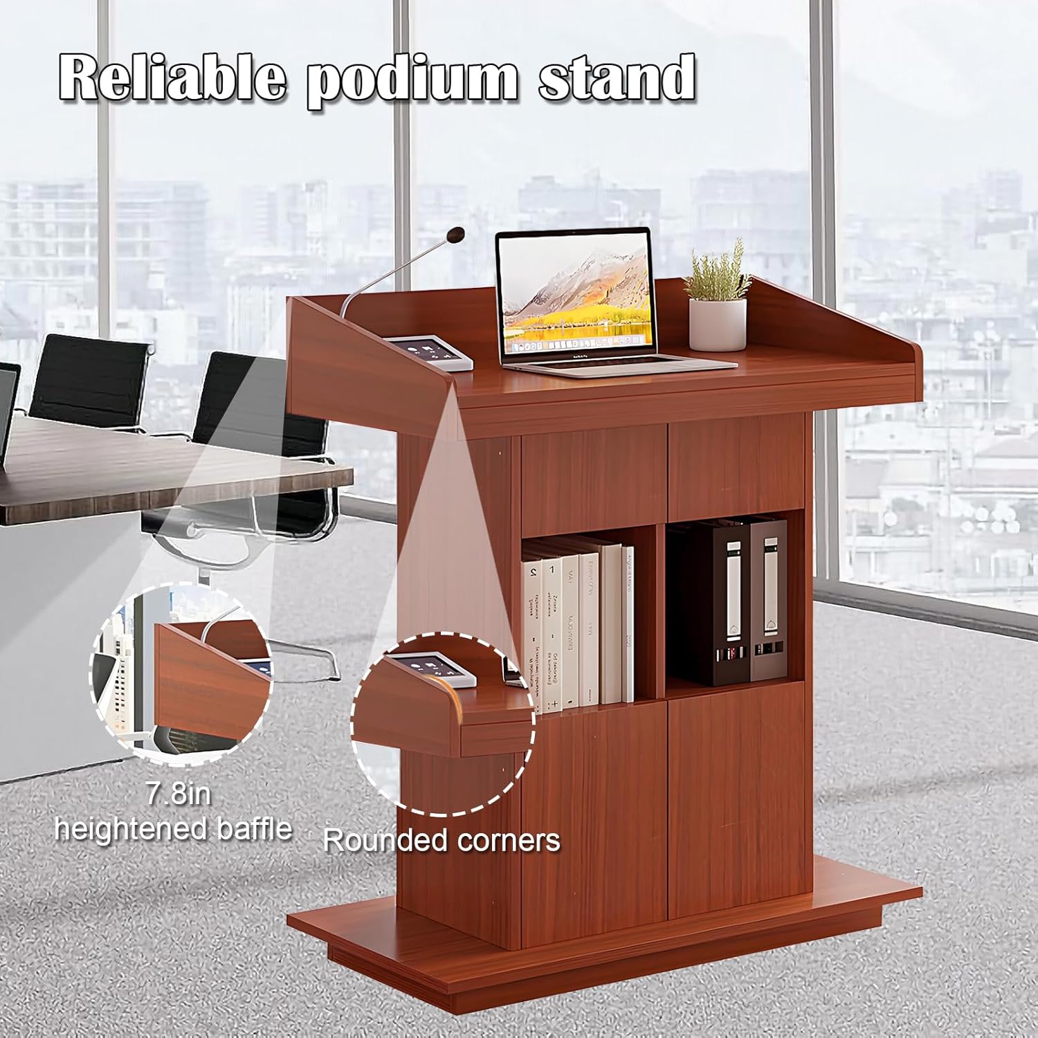 Solid Wooden Podium Stand Podiums for Classroom Lectern Podium Stand Wood Church Pulpit with 3 Levels of Storage and Heightened Baffles (Teak Color, 31.5in)