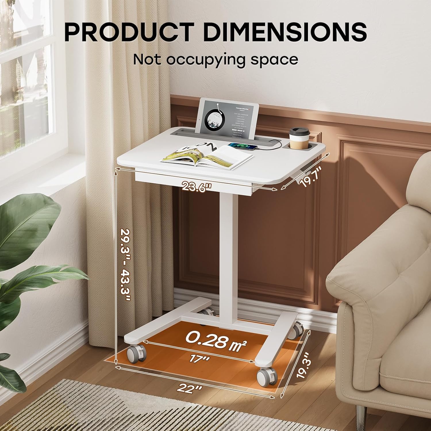 Mobile Small Standing Desk with Drawer, 23.6"x19.7" Rolling Laptop Cart on Wheels, Height Adjustable Sit Stand Computer Workstation with Storage for Compact Space, White