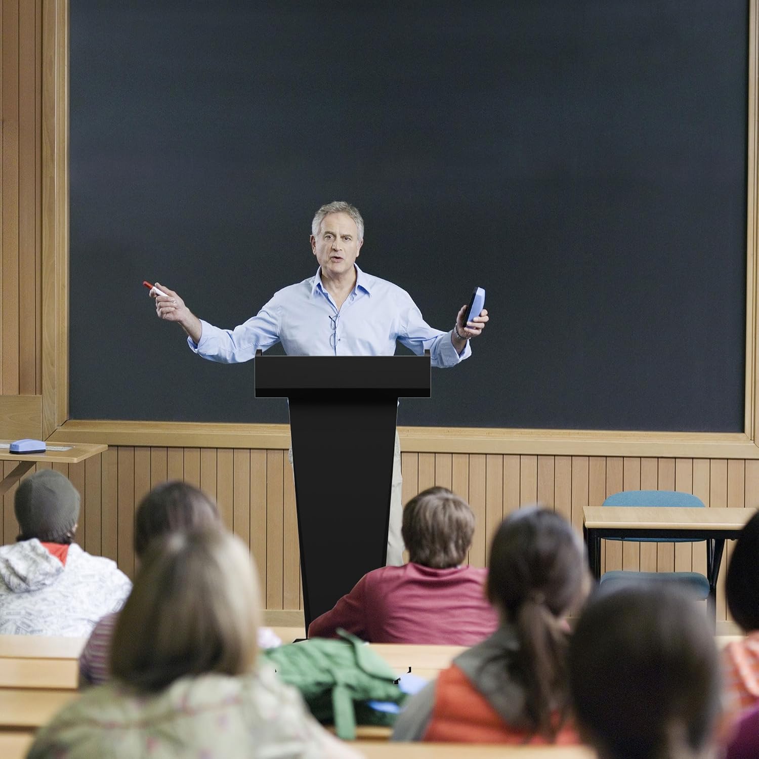 Podium Stand with 4 Locking Wheels, Heavy-Duty Metal Lectern for Church, School, Office, and Conference, Large Lockable Storage Cabinet, 43.7" H, Black