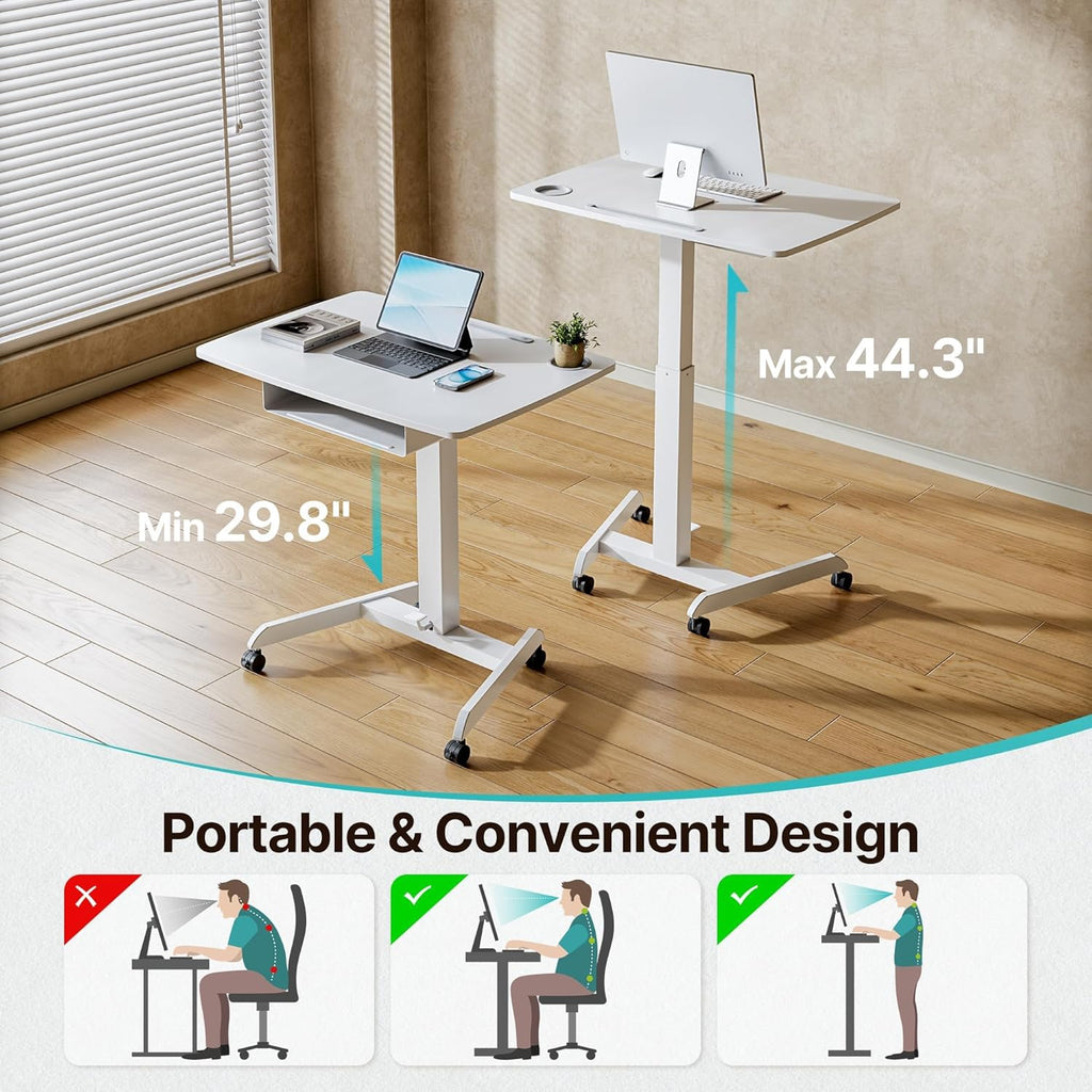 Standing Rolling Desk- 31.5' X 22' Extend Sanding Desk for Classroom, Height Adjsutable up to 44.3' Mobile Laptop Table with Wheels, Moveable Laptop Cart, Teacher Podium with Drawer, White