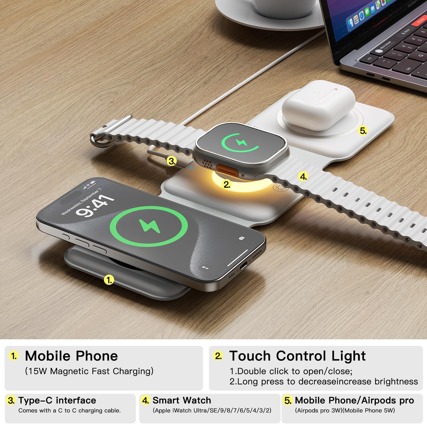 ESSAGER 3 in 1 Foldable Wireless Charger for iPhone 16/15/14/13/12/11 Series, Magnetic Wireless Charging Station, Travel Wireless Fast Charging Pad for Airpods 4/3/2/Pro, iWatch (3 in 1, White)