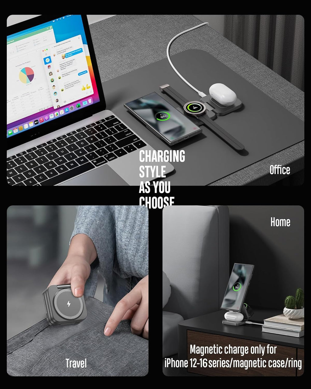 Foldable 3 in 1 Wireless Charging Station for Samsung, KU XIU X55 Ultra Magnetic Travel Charger Stand for Galaxy S24 Ultra S23 S22 Note 20 Z Fold Flip 6 5, Galaxy Watch Ultra 7 6 5, Galaxy Buds, Gray