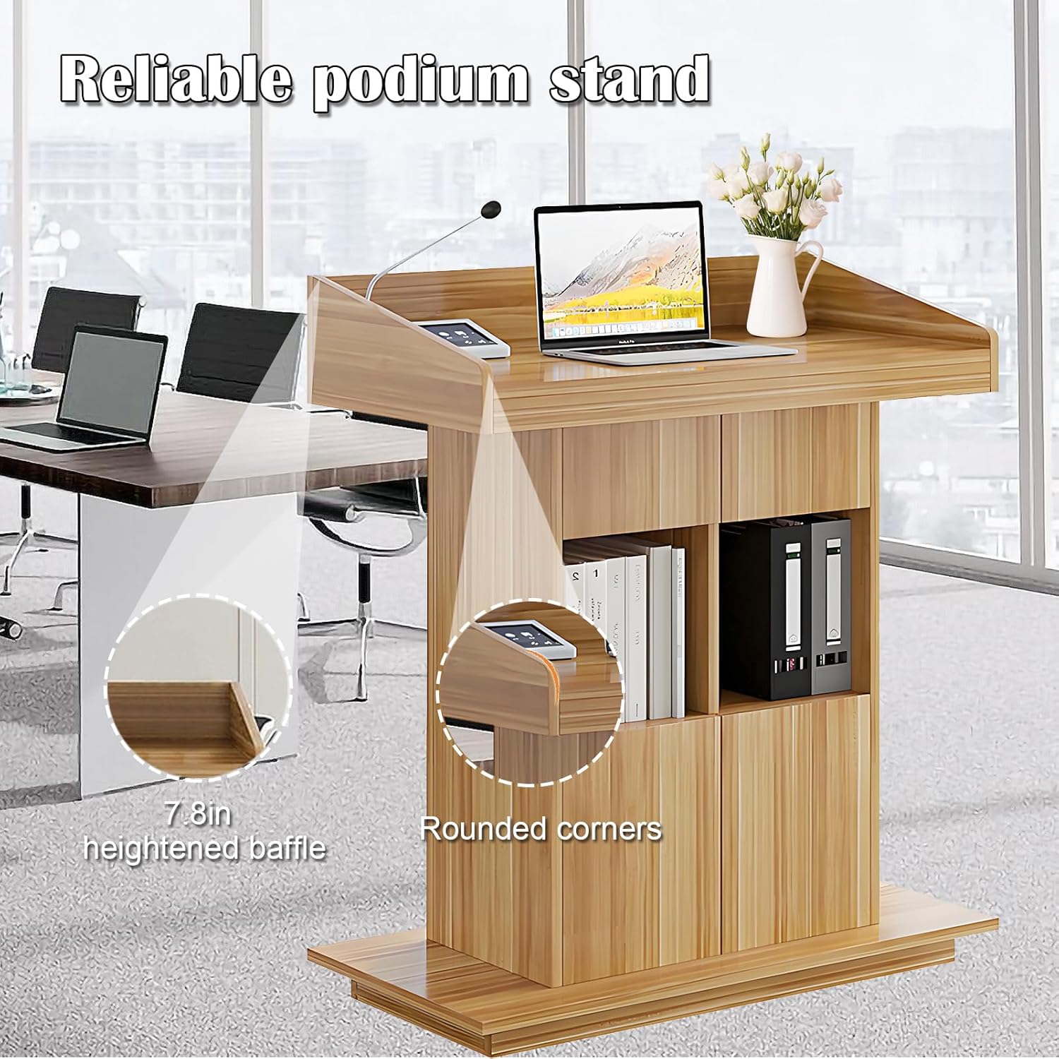 Solid Wooden Podium Stand Podiums for Classroom Lectern Podium Stand Wood Church Pulpit with 3 Levels of Storage and Heightened Baffles (Wood Color, 39.4in)