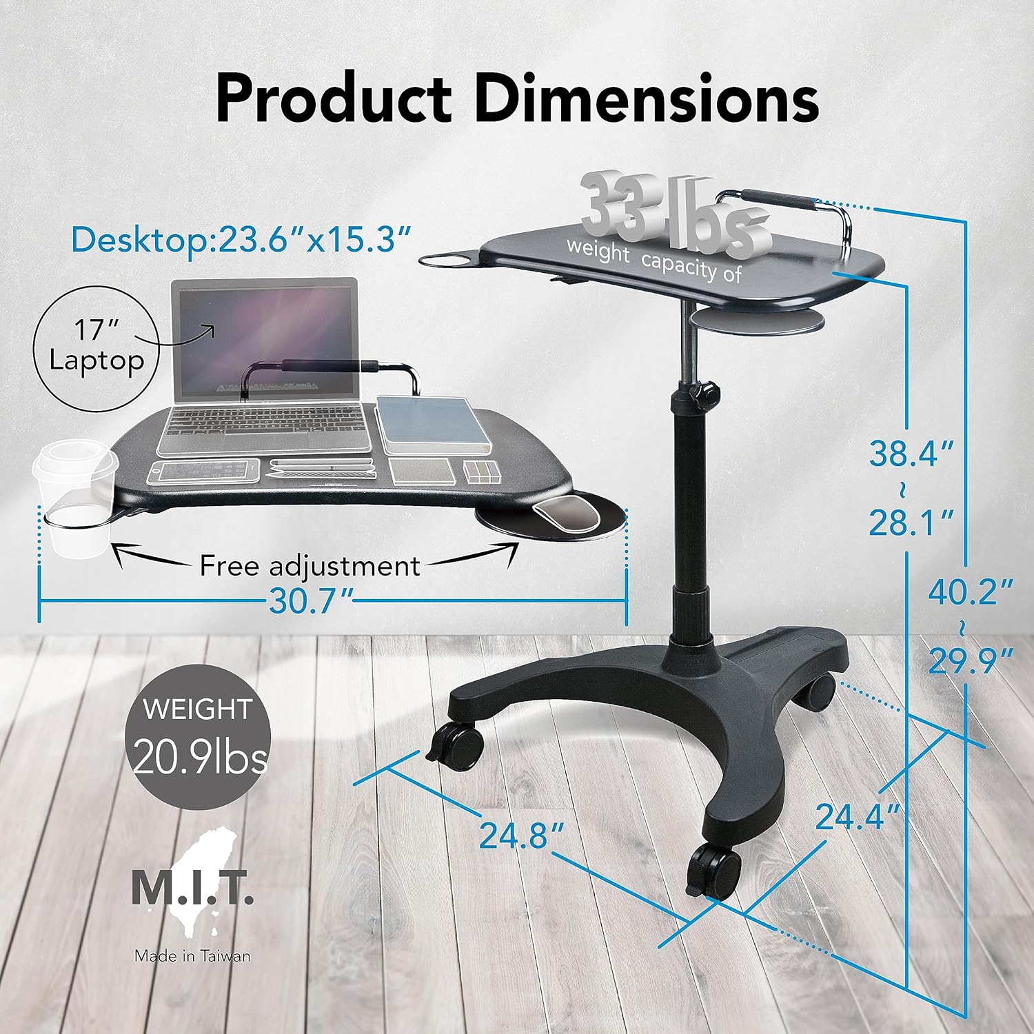 EHO Mobile Laptop Desk Cart with Wheels, Height Adjustable Standing Desk with Pneumatic Lift, Rolling Workstation with Mouse Tray and Cup Holder, Portable Table for Home Office or Classroom