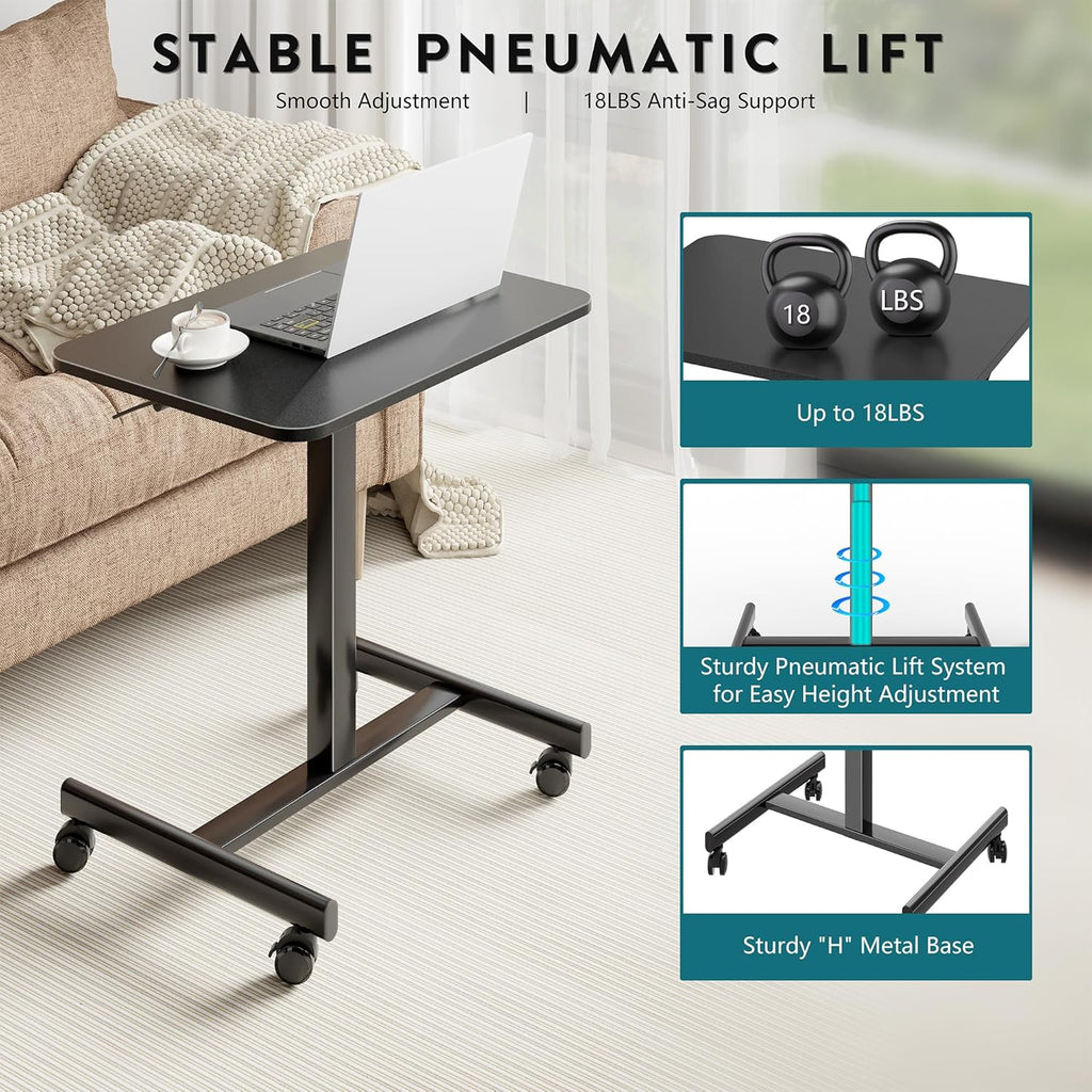 BONTEC Mobile Standing Desk Adjustable Height, Rolling Laptop Cart with Hook, Portable Workstation with Pneumatic Lift, Ergonomic Table with Wheels, Compact Home Office Desk, Black, 25.6" x 18.9"