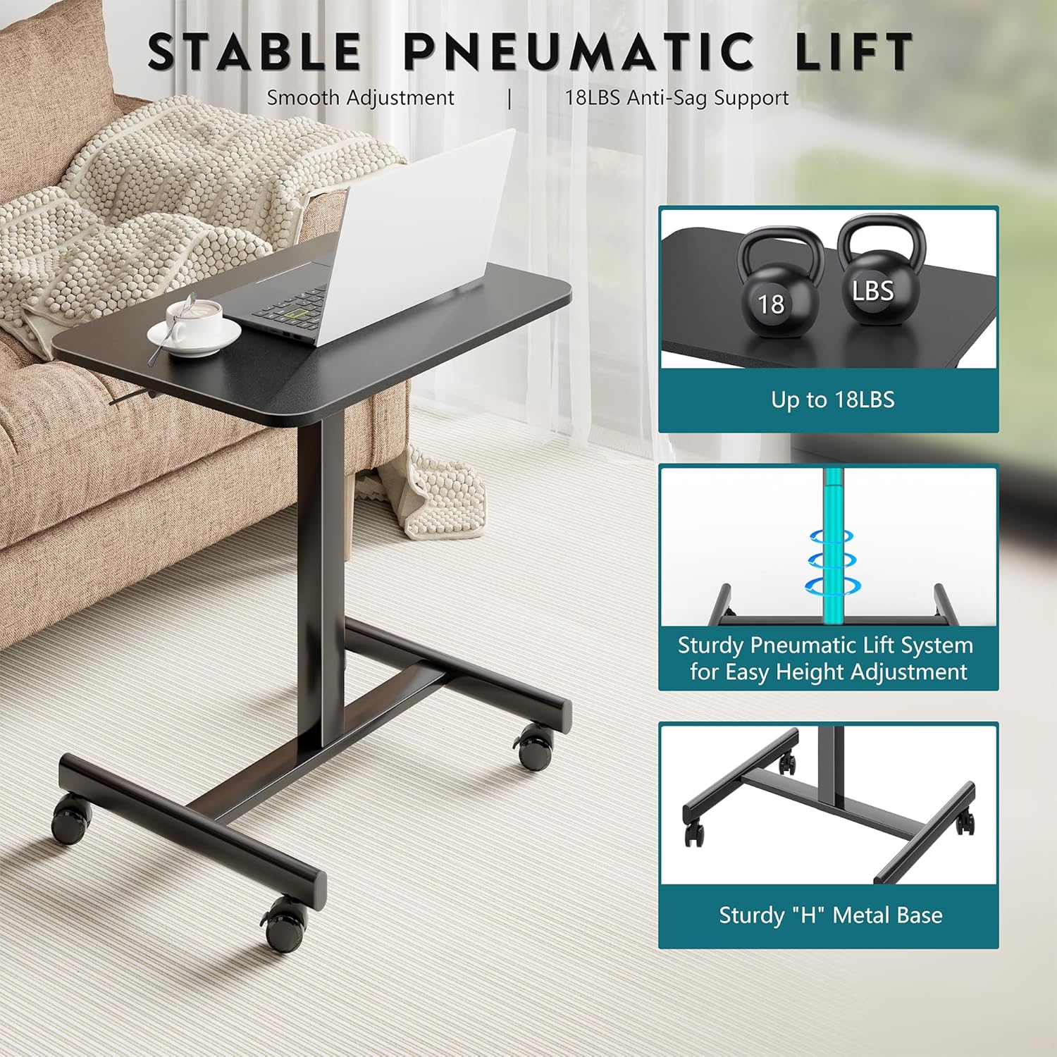 BONTEC Mobile Standing Desk Adjustable Height, Rolling Laptop Cart with Hook, Portable Workstation with Pneumatic Lift, Ergonomic Table with Wheels, Compact Home Office Desk, Black, 25.6" x 18.9"