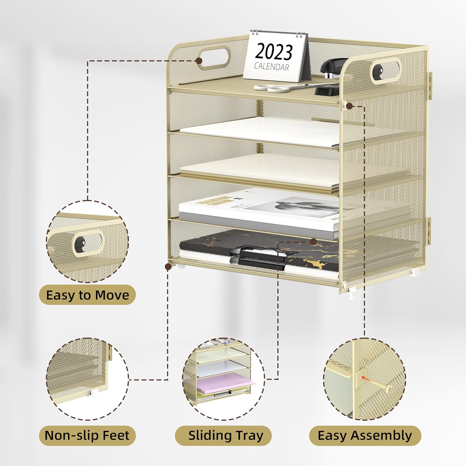 Supeasy 5 Trays Paper Organizer Letter Tray with Handle-Mesh Desk File Organizer,Pink Paper Sorter Desk Organizer for Office, Home or School (Gold Yellow)