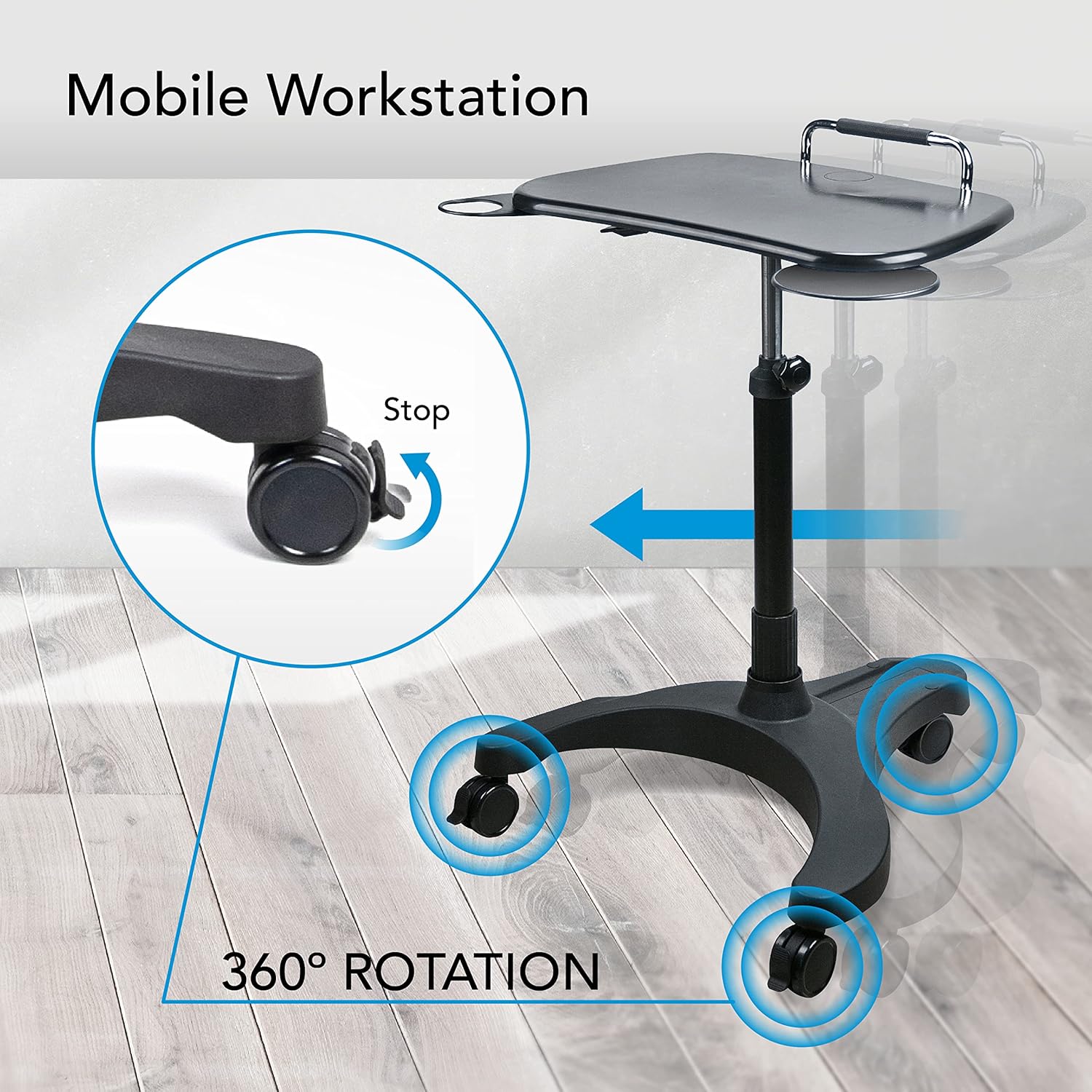 EHO Mobile Laptop Desk Cart with Wheels, Height Adjustable Standing Desk with Pneumatic Lift, Rolling Workstation with Mouse Tray and Cup Holder, Portable Table for Home Office or Classroom
